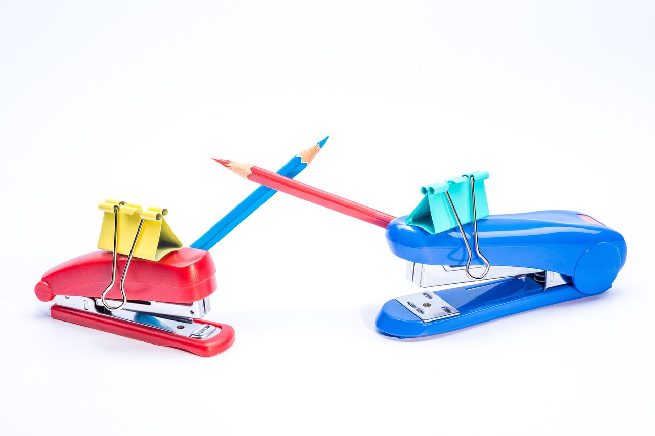 stationery, clip, pencil, colored, stapler, opposition, challenge, team building, battle, strategy, company, fight, connect, competition, creative