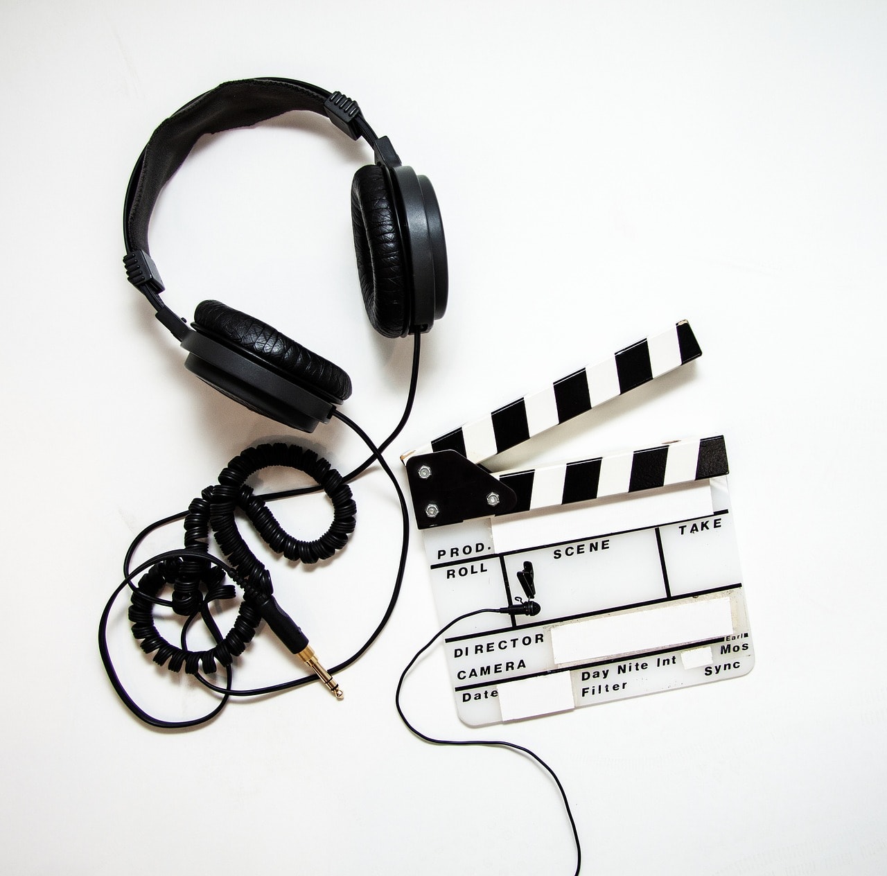 headphones, clapper, clapperboard, film, movie, video, cinema, equipment, production, studio, media, sound, video production, headphones, film, film