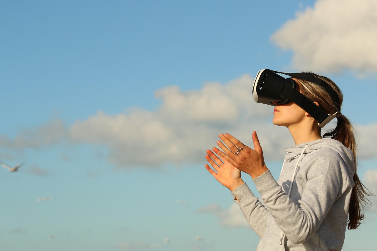 woman, virtual reality, game, clouds, ar, metaverse, augmented reality, nature, female, girl, outdoors, person, side view, sky, open arms