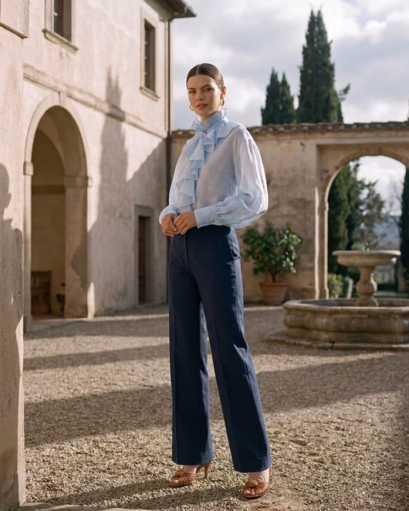 Blusa de volantes transparente con pantalones largos, fotografía ecommerce con modelo virtual