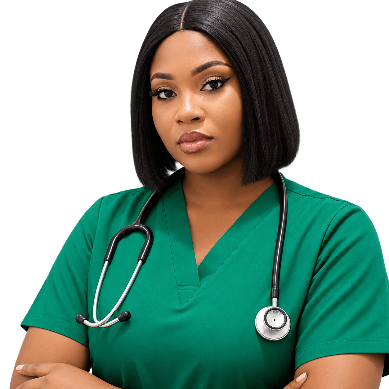 Healthcare professional wearing green scrubs and a stethoscope
