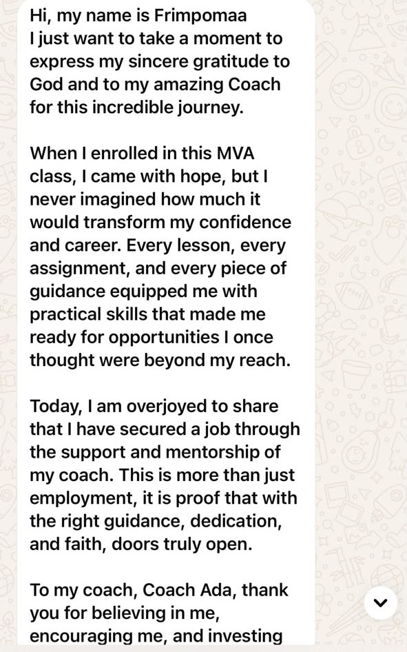 Student message thanking Coach Ada for sharing practical knowledge