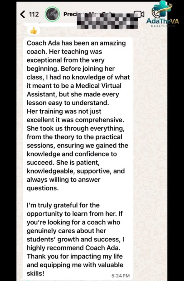 Student praises Coach Ada's clear, comprehensive teaching and support