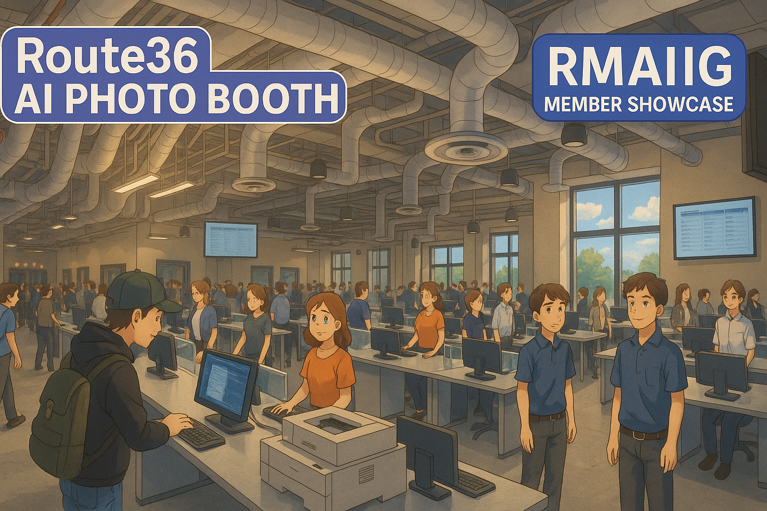 Event room filled with attendees viewing AI projects