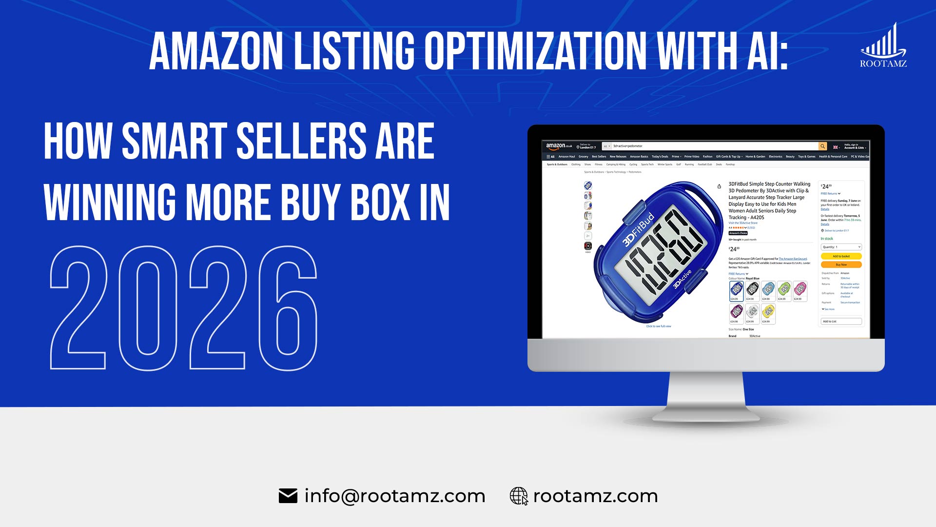Amazon listing optimization with AI showing a seller control panel with keyword, pricing, and Buy Box dials tuned to maximum performance in 2026