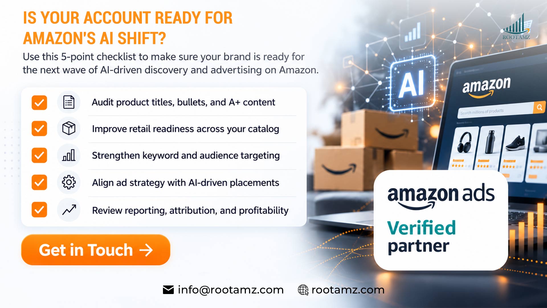 Branded CTA card with the five-point checklist from the "What This Means for Your Account Right Now" section, Amazon Ads Verified Partner badge, "Get in Touch