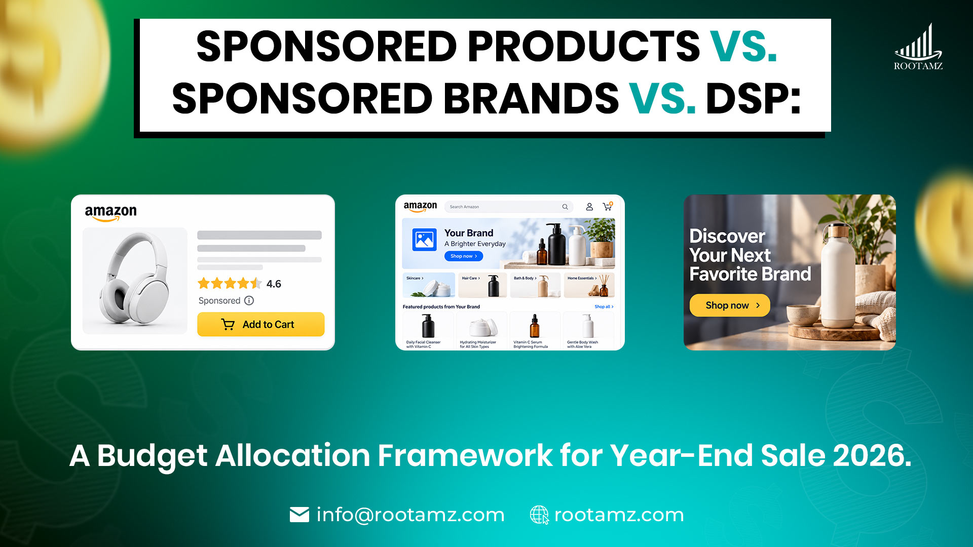  Amazon Sponsored Products vs Sponsored Brands vs DSP comparison explaining product search ads, brand awareness and audience targeting strategies.