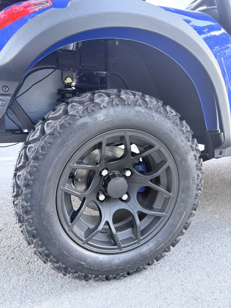 Close-up of a Wulf golf cart wheel: black alloy rim, all-terrain tyre and disc brake