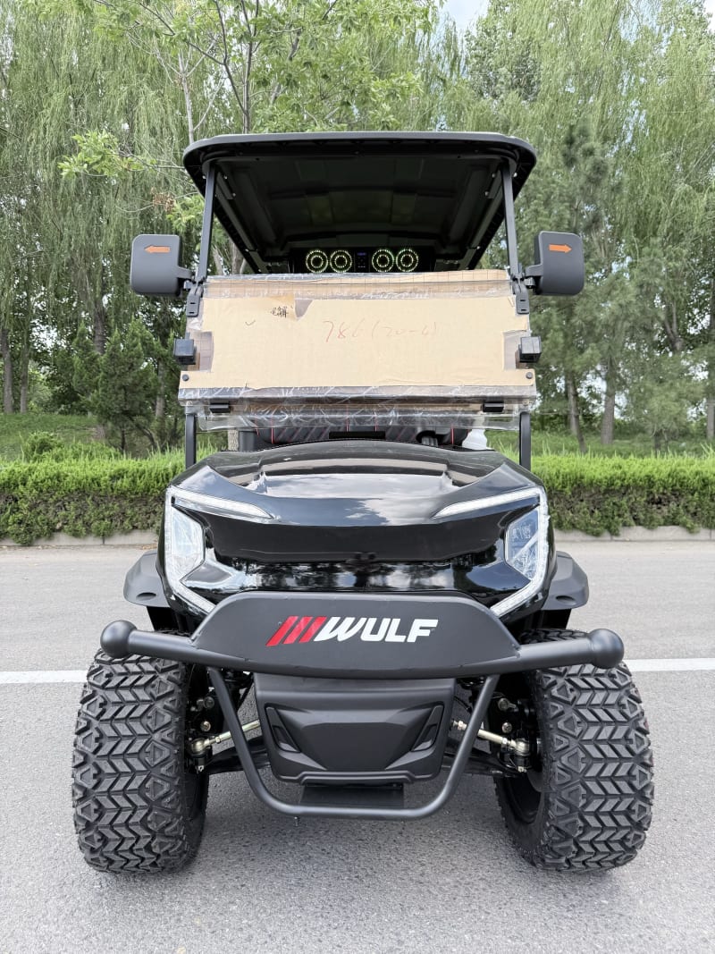 Black Wulf golf cart photographed head-on