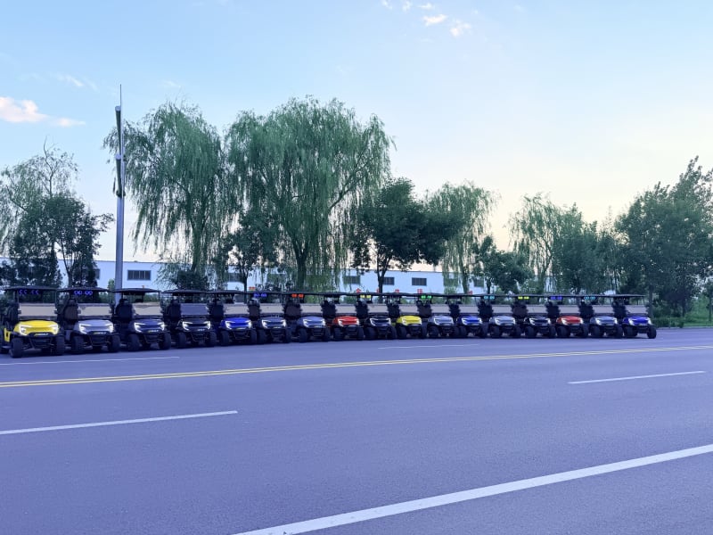 Very wide view of the row of Wulf golf carts beside an empty road