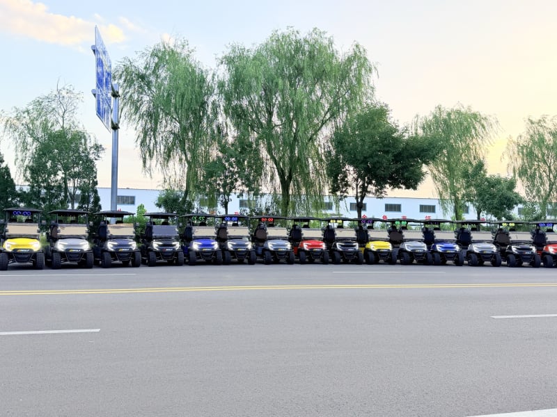 Row of Wulf golf carts at dusk with their headlights and dash displays lit