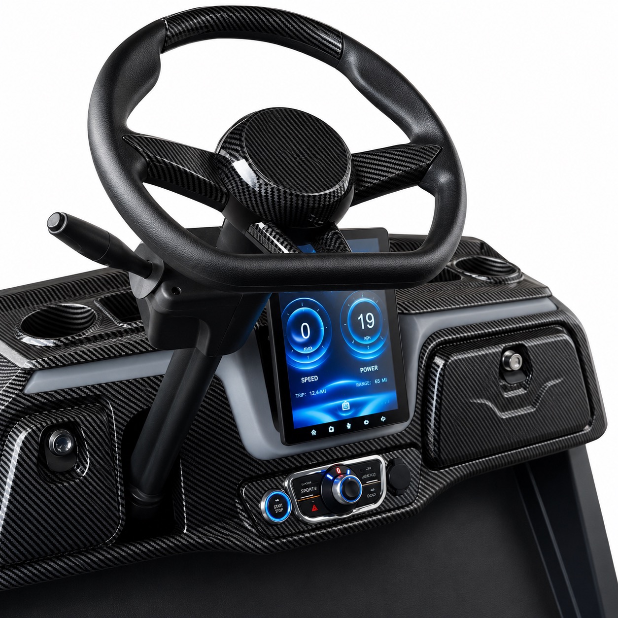 Wulf golf cart dashboard, steering wheel and touchscreen display