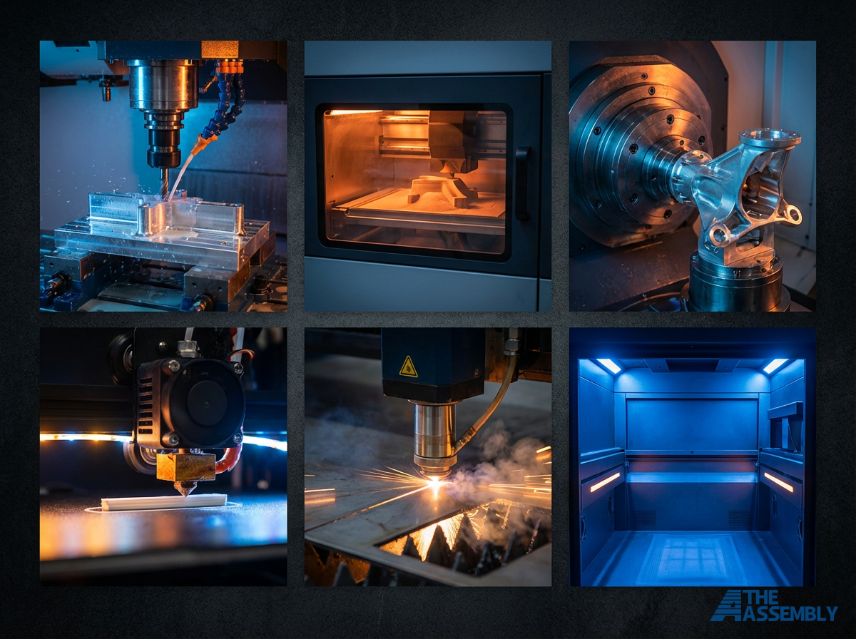 Grid showing six advanced manufacturing methods: CNC milling, SLS printing, multi-axis CNC, FDM printing, laser cutting, and MJF printing