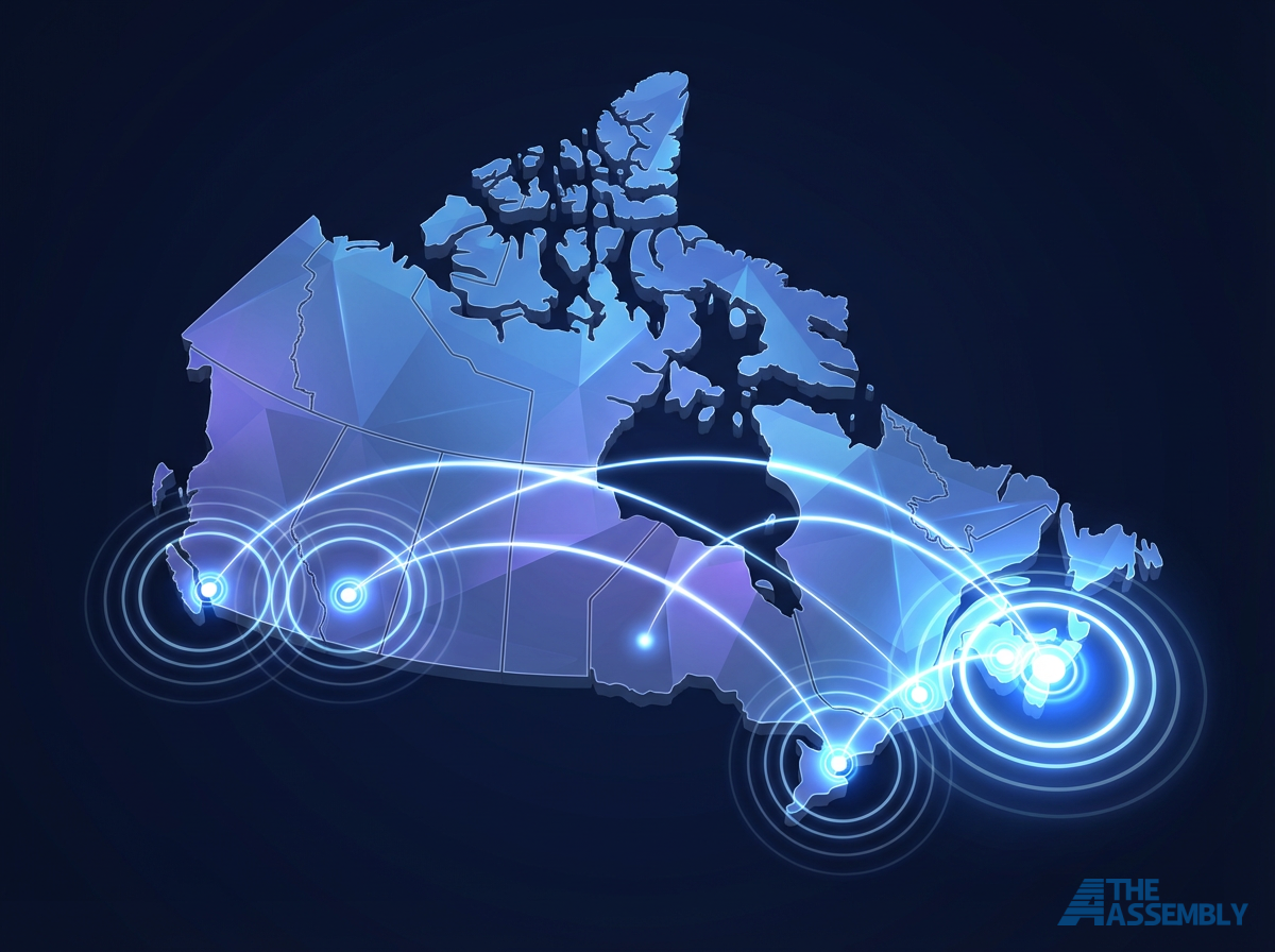 Map of Canada showing distributed manufacturing network with connected hub locations