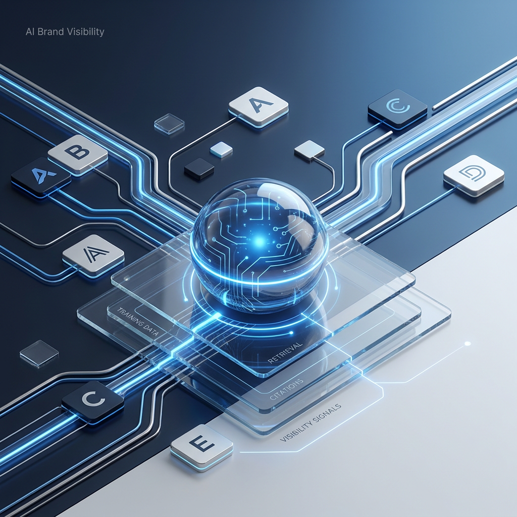 AI Brand Visibility Abstract editorial illustration of AI models selecting brands through data signals and ranking pathways