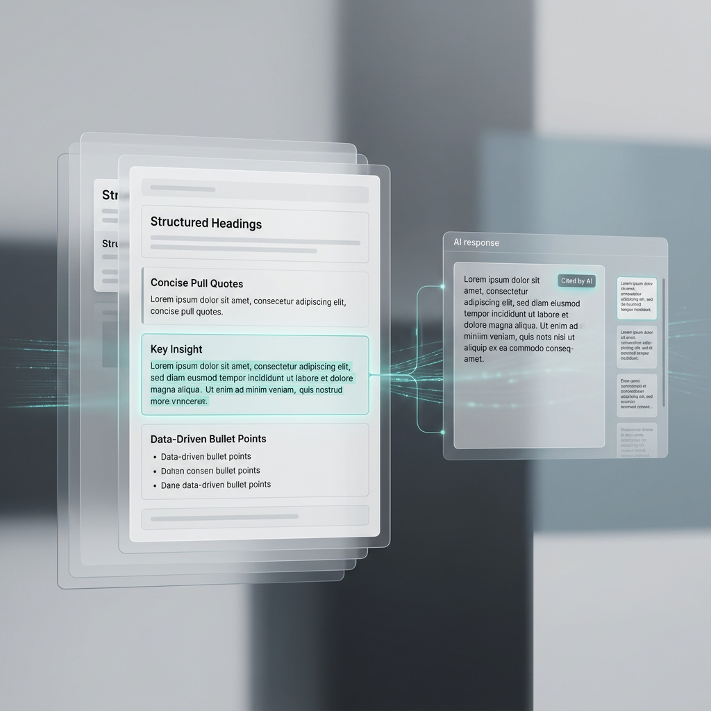 Content Built for AI Citations Modern editorial illustration of structured web content being extracted by AI for citations