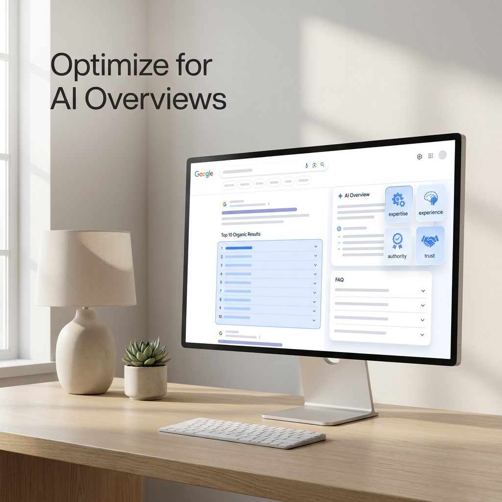 Optimize for AI Overviews Modern SEO analytics workspace showing search rankings, AI overview panel, FAQ structure, and trust signals for optimizing fo