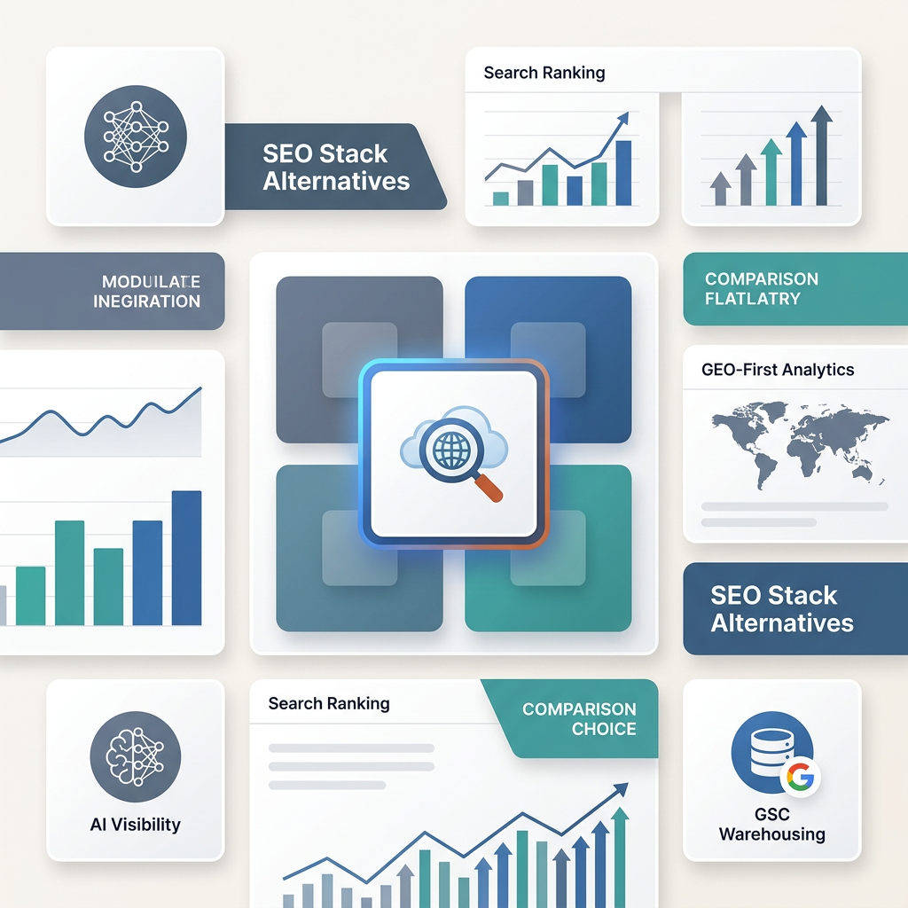 SEO Stack Alternatives Modern editorial illustration of SEO software comparison cards and analytics charts for SEO stack alternatives.