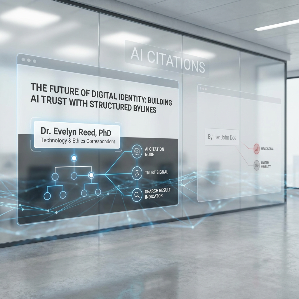 Author Bylines and AI Citations Modern editorial illustration of full author bylines and structured data boosting AI citations in a search and publishing int