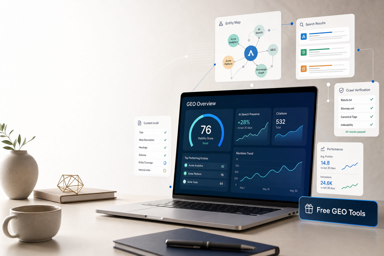 Free GEO Tools Toolkit Modern AI search optimization workspace with analytics dashboard and GEO tools concept