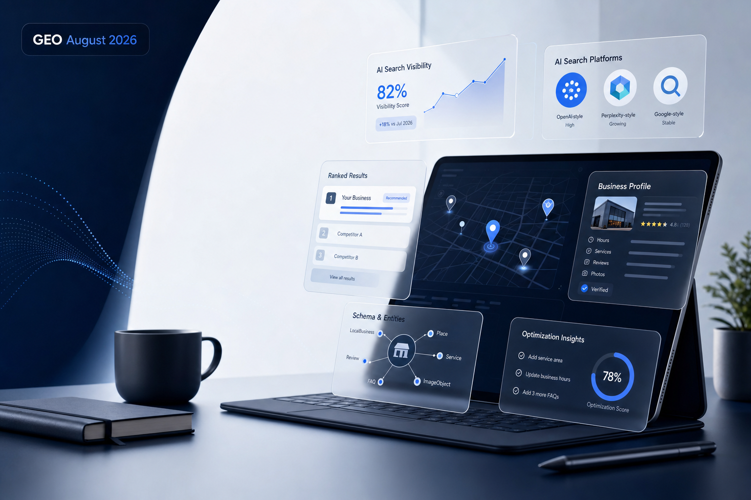 Monthly GEO Roundup Modern editorial illustration of AI search analytics, schema, and business profile data for GEO news in August 2026