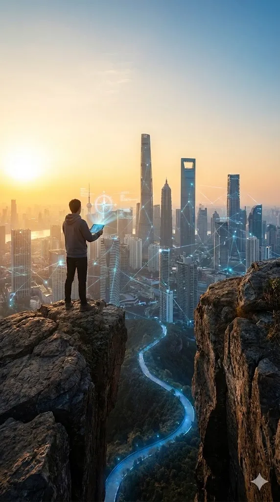 Futuristic digital landscape representing Designing Dose's vision for marketing innovation