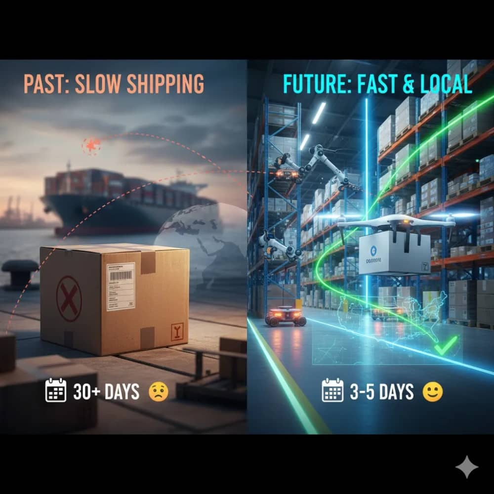 Logistics map illustrating fast shipping from local warehouses to customers
