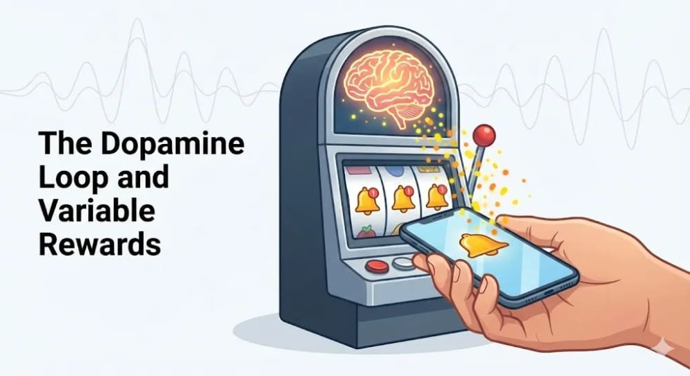 Diagram of the dopamine loop and variable rewards in social media engagement