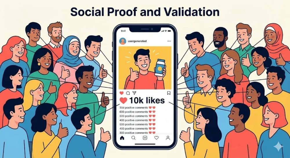 Social proof concept showing user reviews influencing the herd mentality