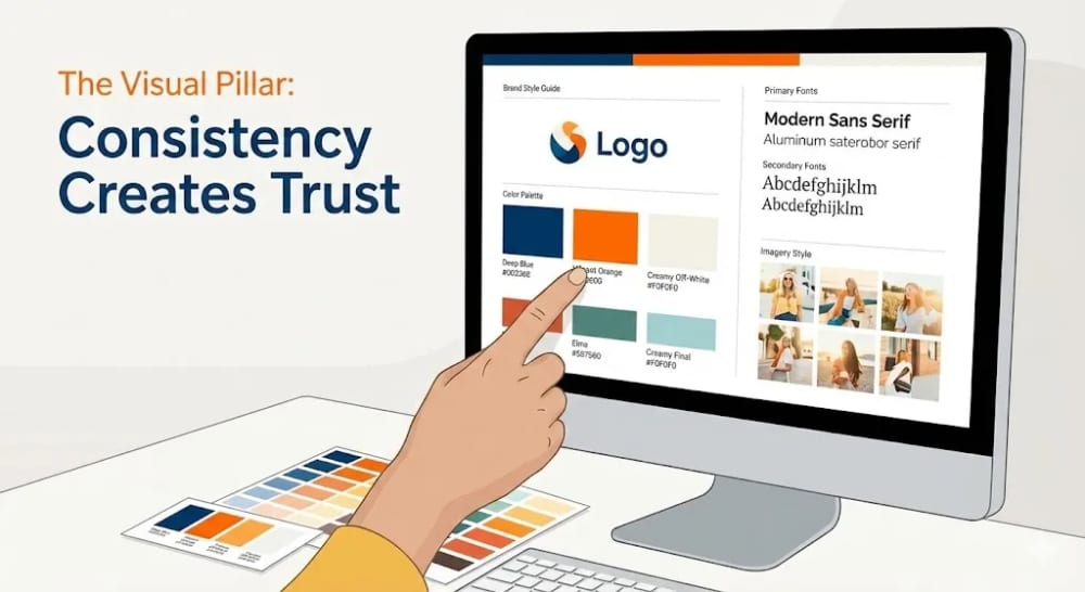 Brand consistency showcased across business cards, stationery, and digital assets