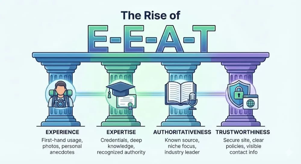 E-E-A-T SEO ranking factors diagram: Experience, Expertise, Authoritativeness, Trust
