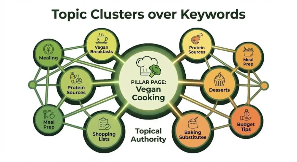 Topic clustering strategy showing pillar pages and internal linking structure