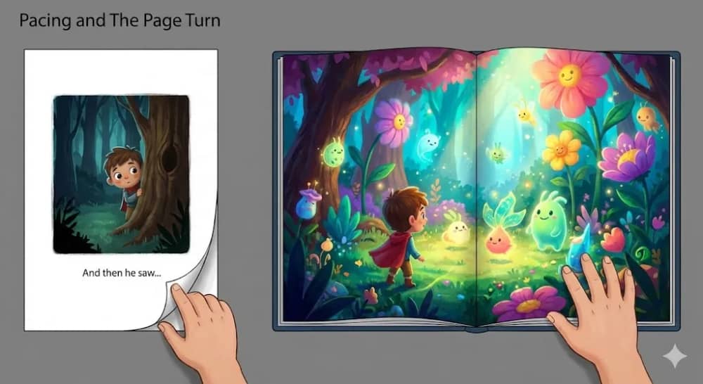 Storyboard sketch showing pacing and page turn dramatic reveal