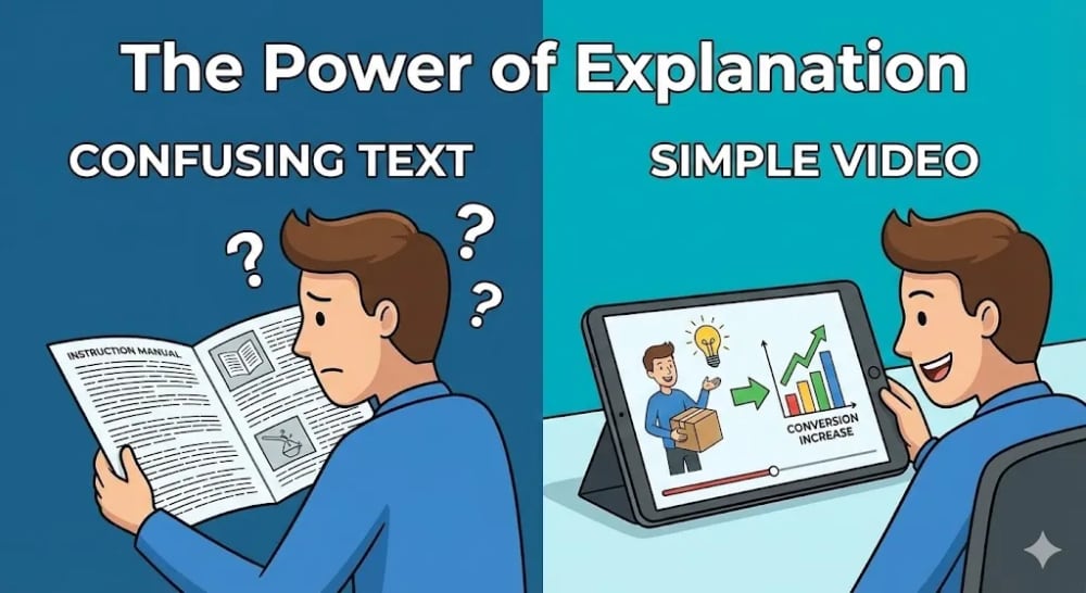 Animated explainer video storyboard showing a problem and solution narrative