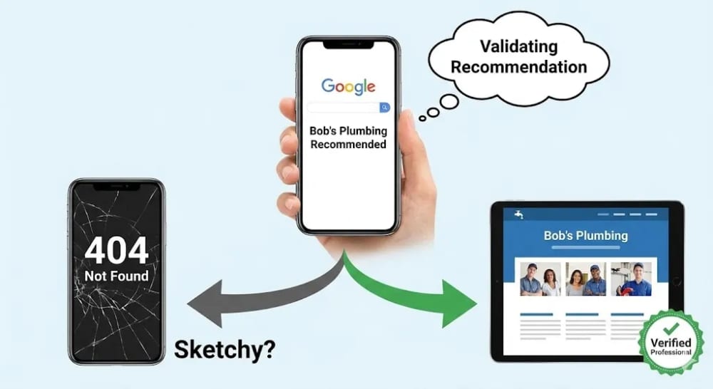 Customer journey map showing search engine validation of local businesses