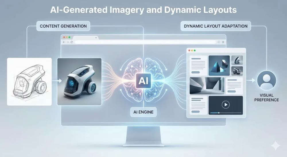 Comparison of standard static website vs AI-generated dynamic website layouts tailored to user behavior
