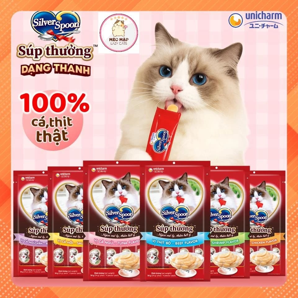 [GÓI 4 THANH 14gr = 56gr] Súp thưởng Silver Spoon dạng thanh cho mèo - 6 Vị Thơm Ngon