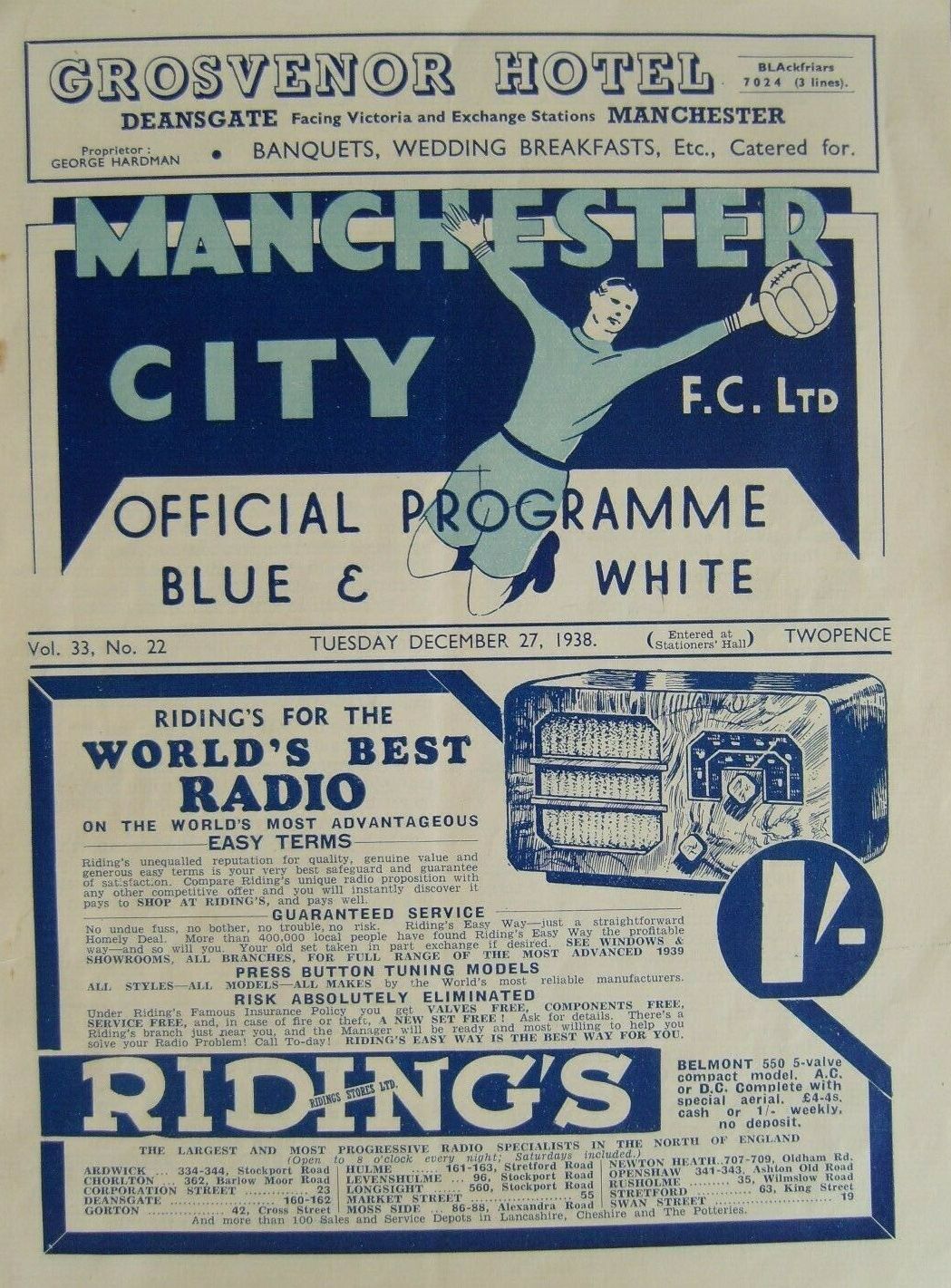 Match Programme for 27/12/1938