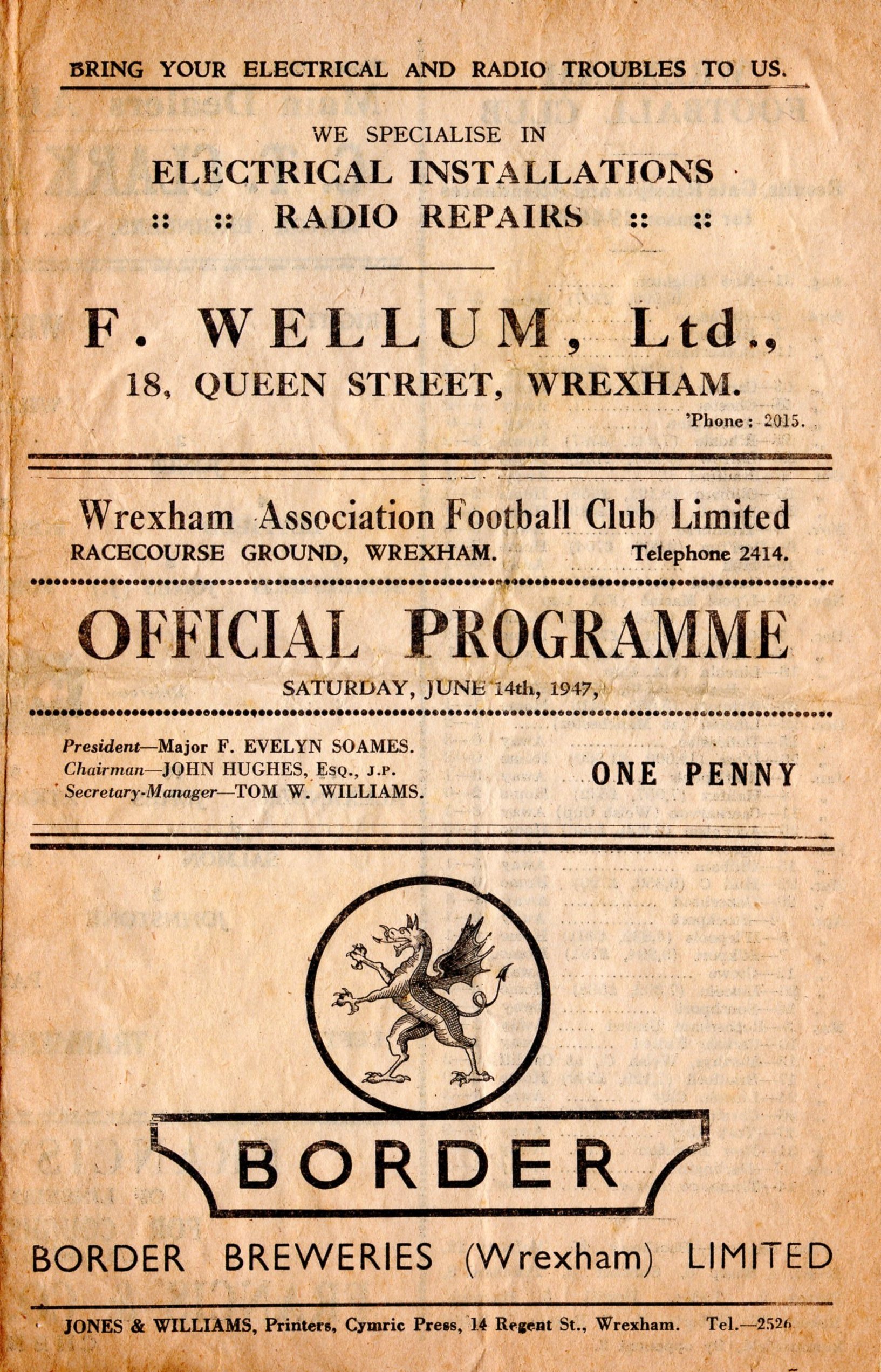 Match Programme for 14/06/1947