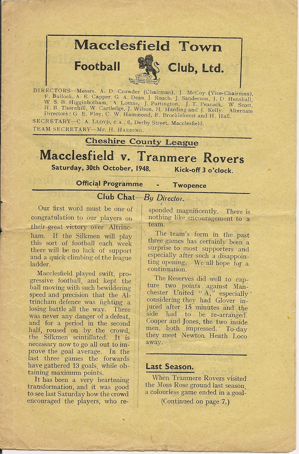 Match Programme for 30/10/1948