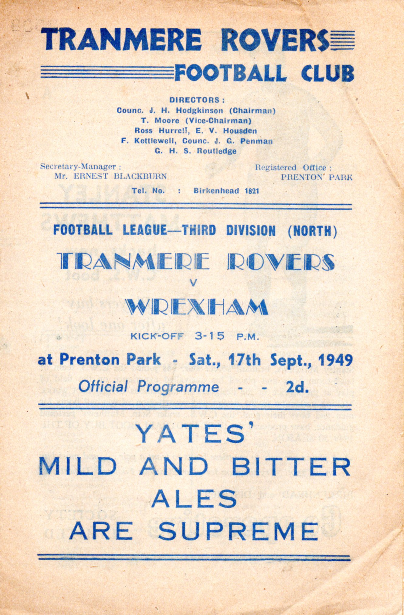 Match Programme for 17/09/1949