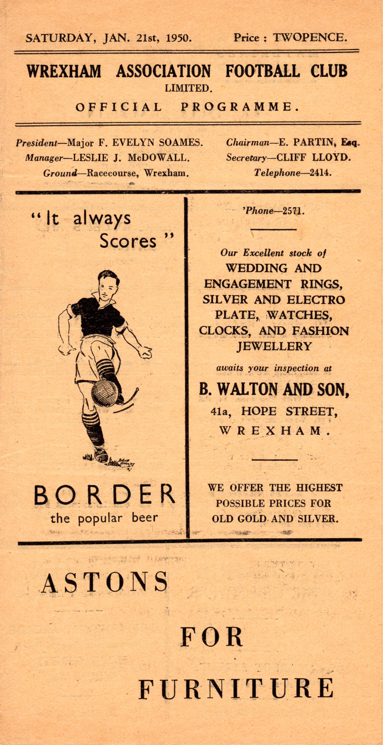 Match Programme for 21/01/1950