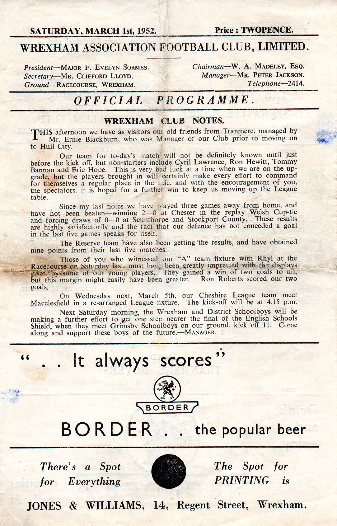 Match Programme for 01/03/1952