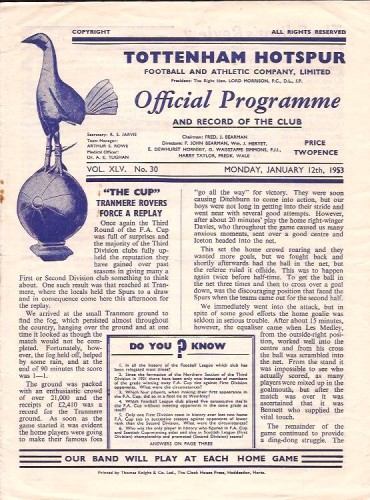 Match Programme for 12/01/1953