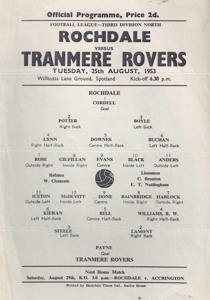 Match Programme for 25/08/1953