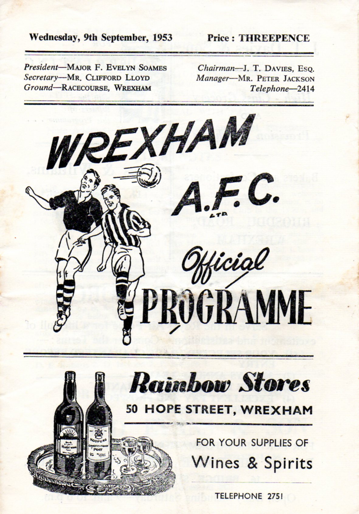 Match Programme for 09/09/1953