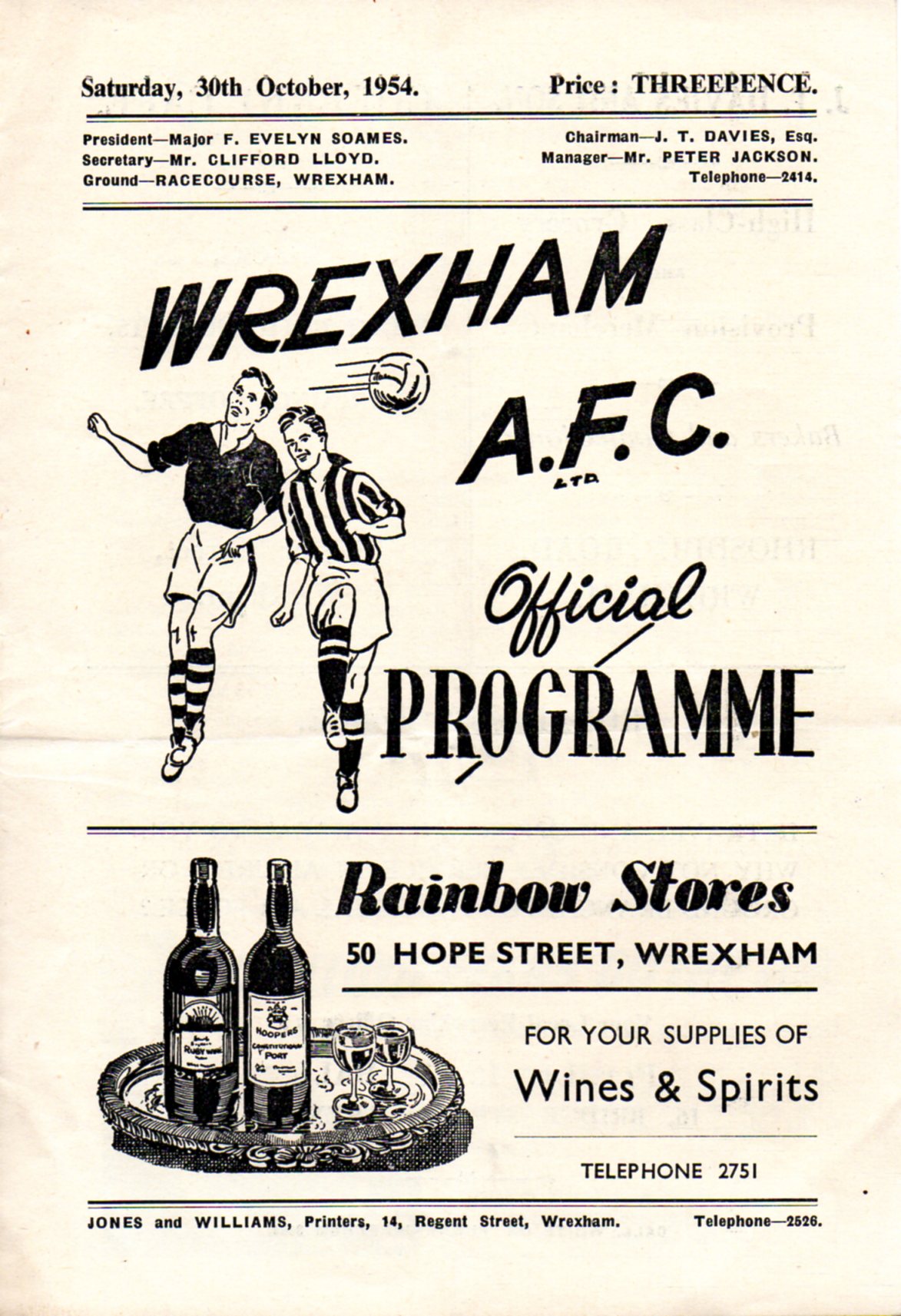 Match Programme for 30/10/1954