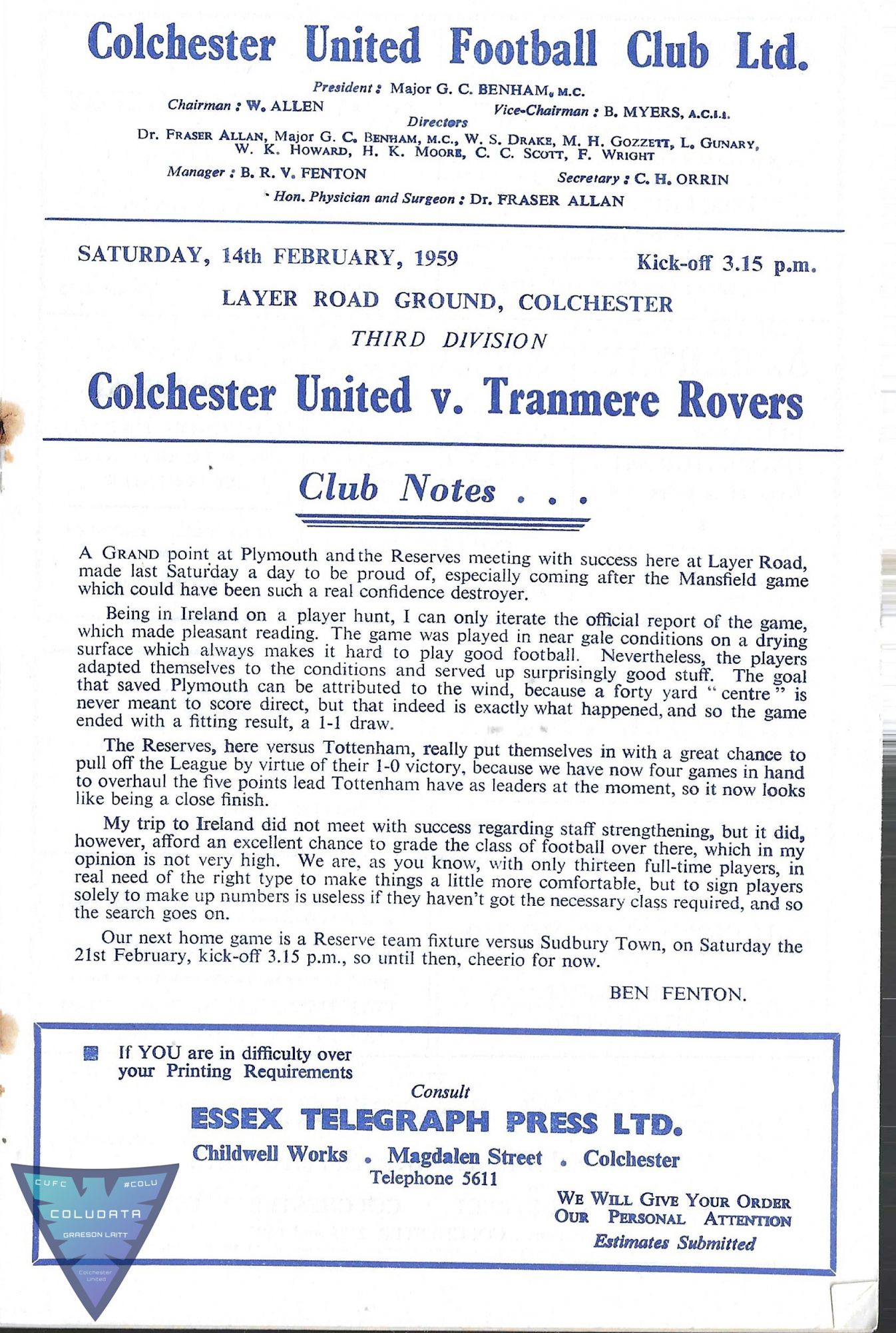 Match Programme for 14/02/1959