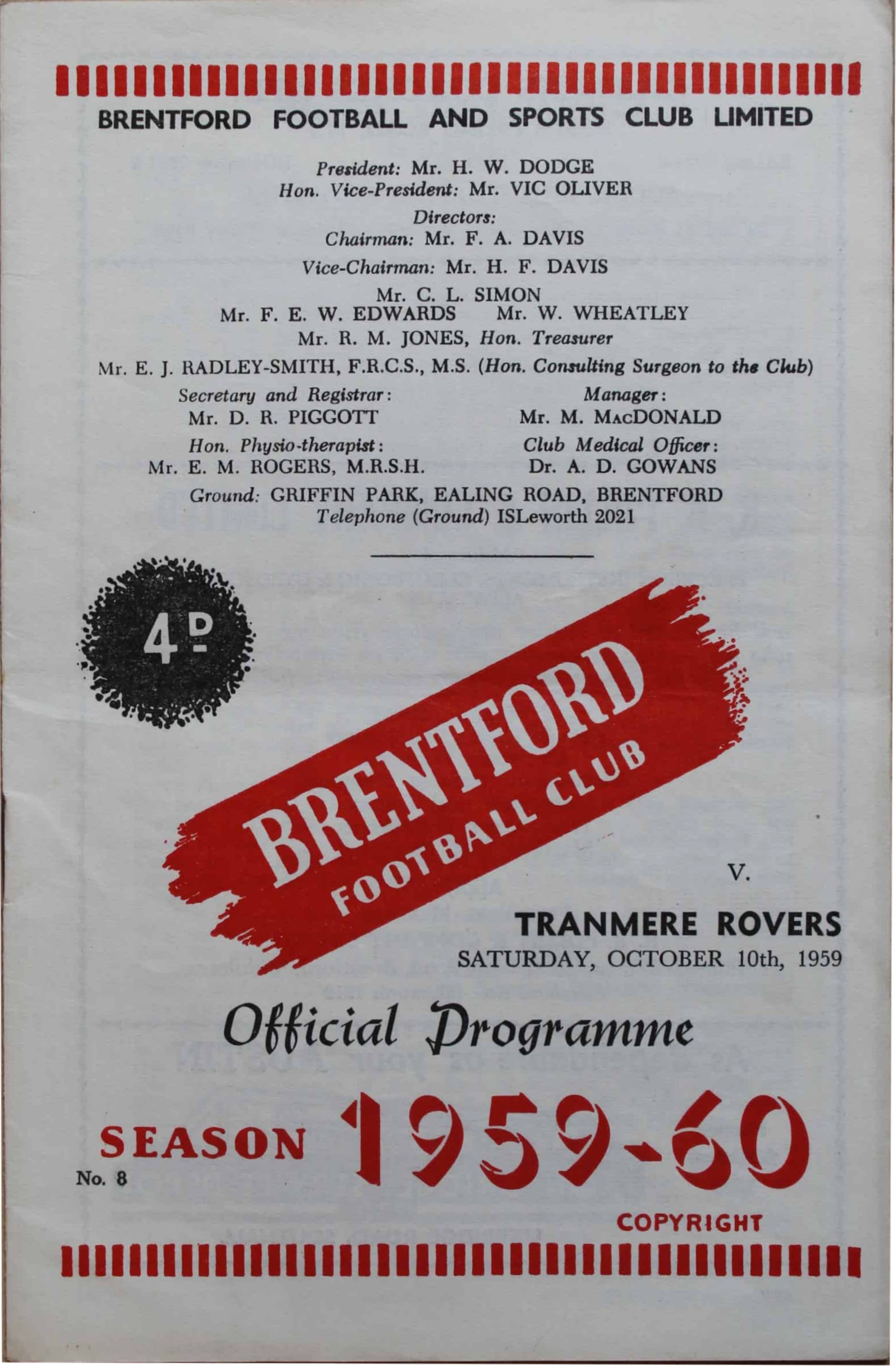 Match Programme for 10/10/1959
