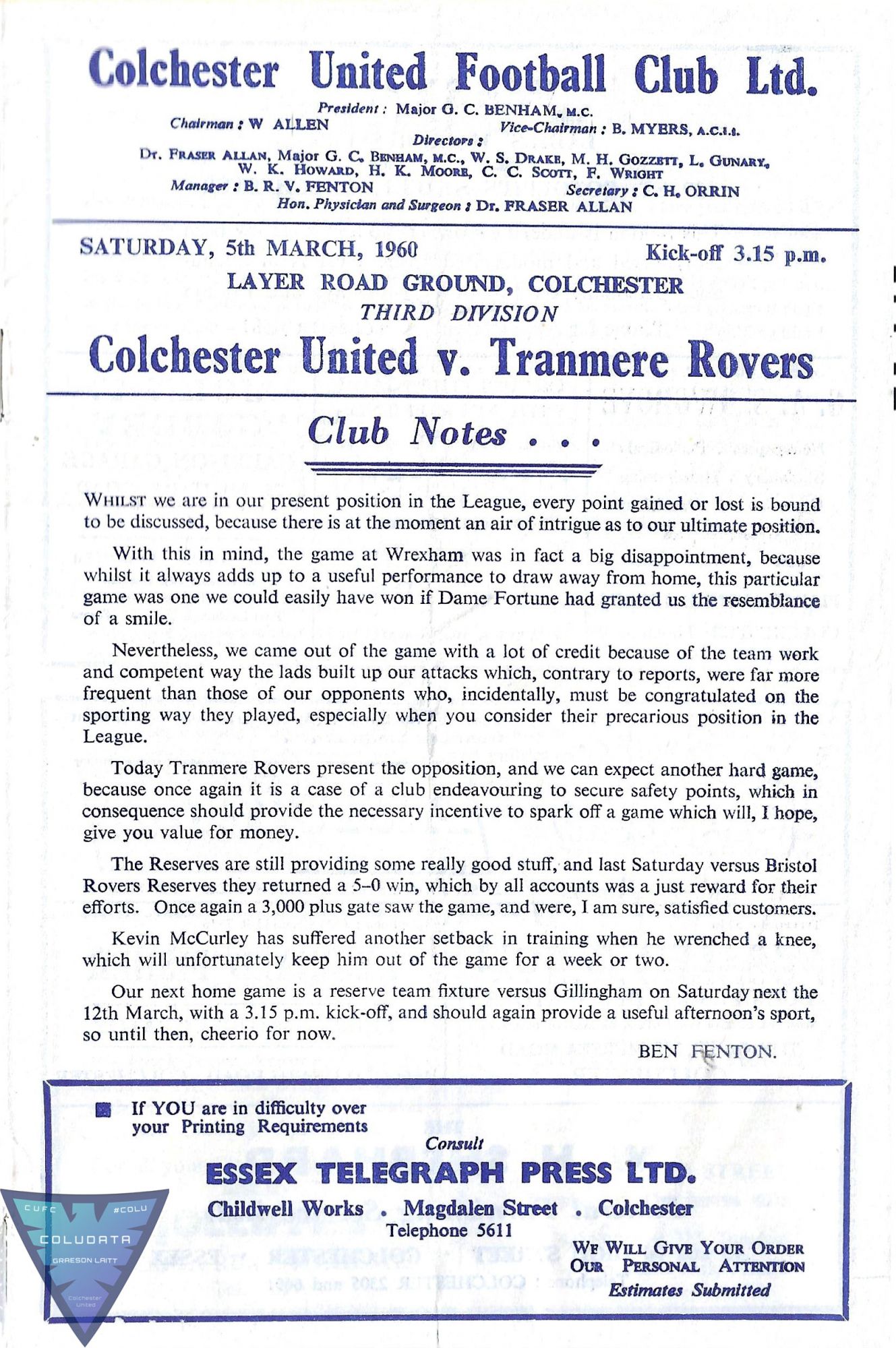 Match Programme for 05/03/1960